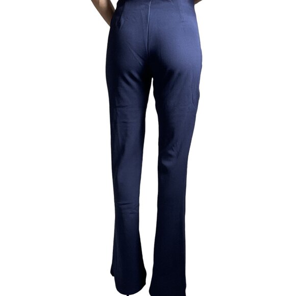 Women's Navy Blue High-Waisted Flared Pants – Elegant & Stretchy Pants - Picture 4 of 8